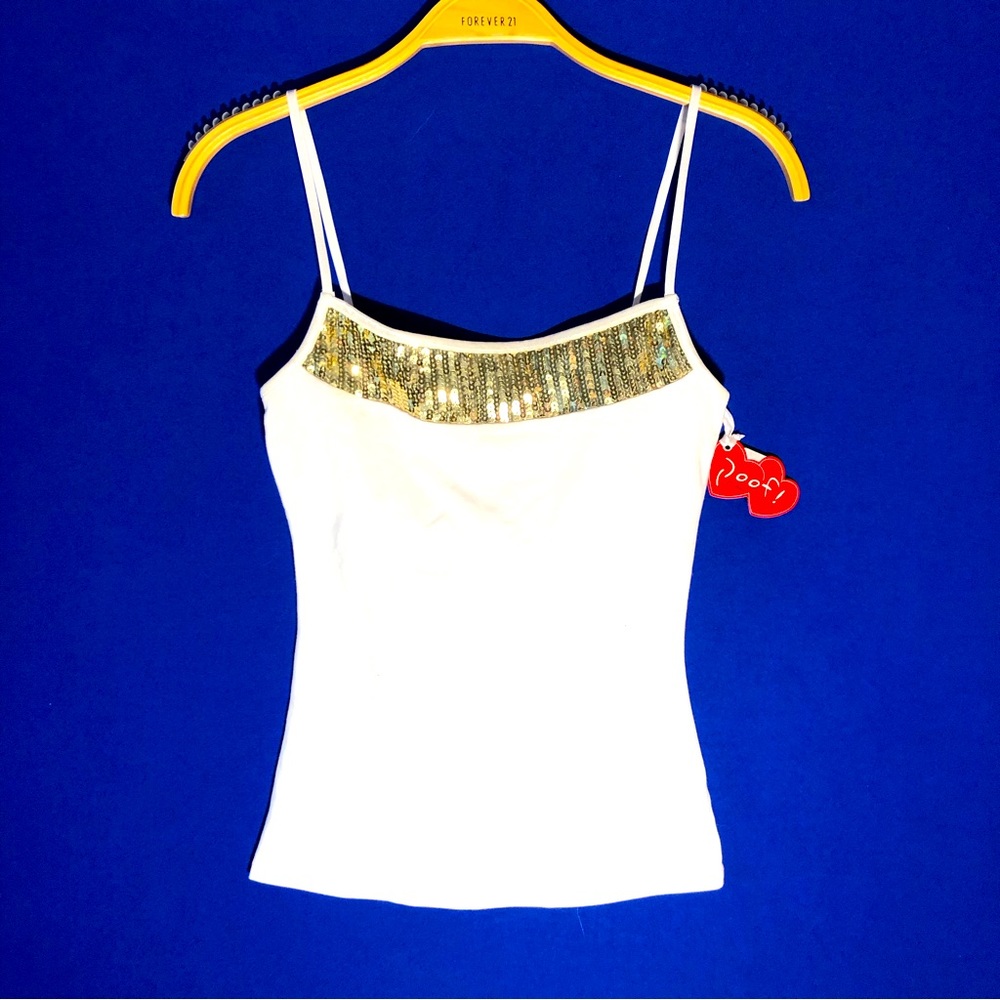 NWT Poof! White Shelf Bra Cami with Gold Sequins